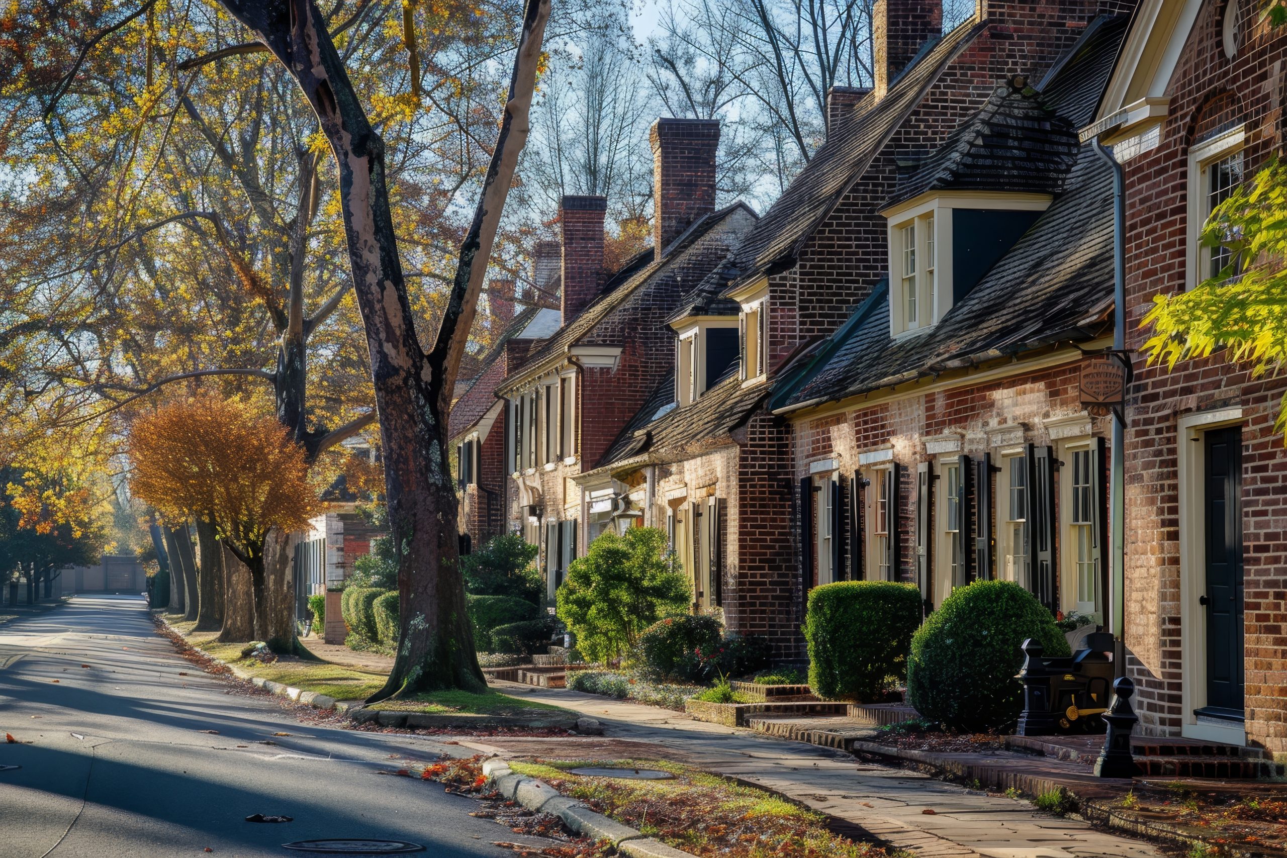 Brick homes with neatly trimmed hedges are arranged along a peaceful street. Autumn leaves create a vibrant atmosphere under the golden sunlight, showcasing a picturesque neighborhood. Dublin Cash Home Buyers with 15+ Years of Local Experience